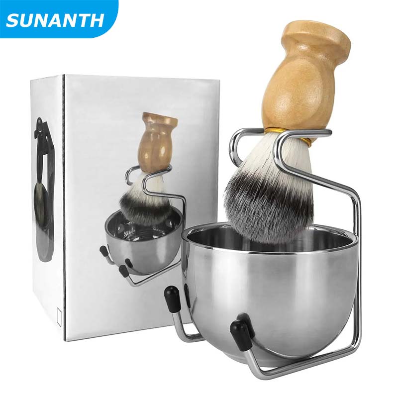 Shaving Bowl Soap - สแตนเลสผู้ชายโกนหนวดแห้งหรือเปียกถ้วยโกนหนวดผู้ถือสามชิ้นชุดชายเคราสบู่ชามโกนหนวด Stand Facial Cleaner