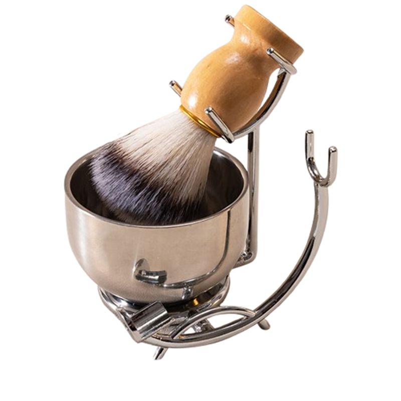 Shaving Bowl Soap - ที่วางแปรงโกนหนวด ABKS-สแตนเลส พร้อมชามสบู่สองชั้นและแปรงโกนหนวดในด้ามจับไม้ธรรมชาติ