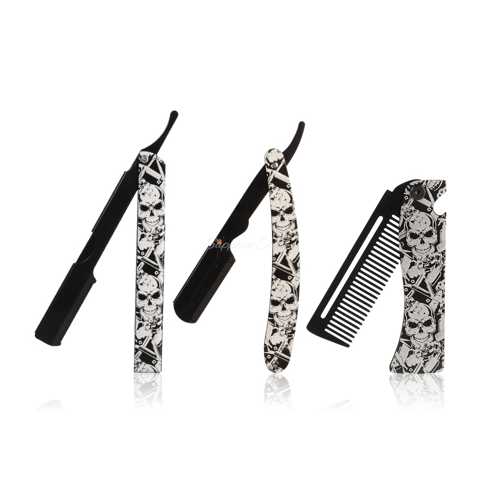 Men'S Grooming Razor Kit - ชุดโกนหนวดสำหรับช่างตัดผม ปี 2026 มีดโกนพับได้ลายหัวกะโหลก พร้อมหวีพกพา ชุดอุปกรณ์โกนหนวดสำหรับผู้ชาย
